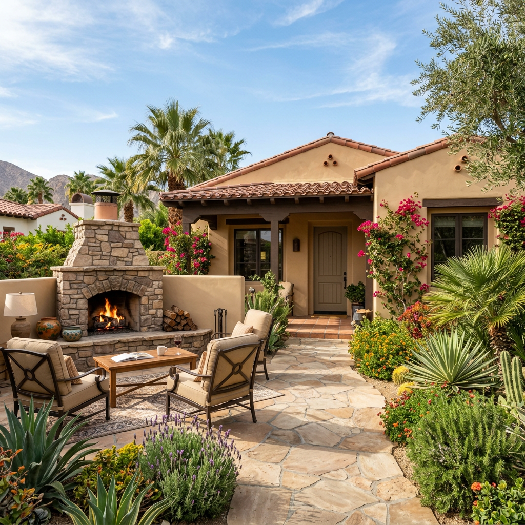 Outdoor patio with stone fireplace, comfortable chairs, and desert plants