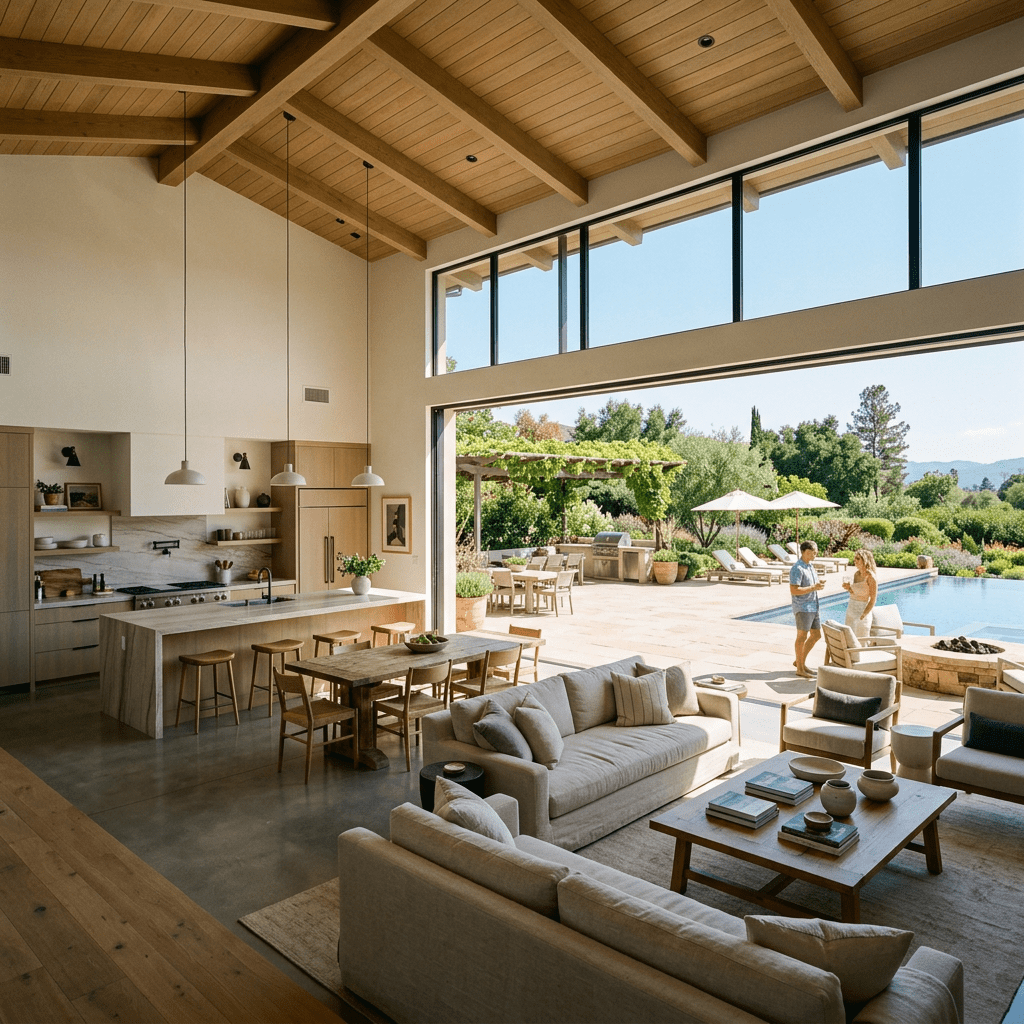 Expansive living spaces, open kitchen, outdoor oasis