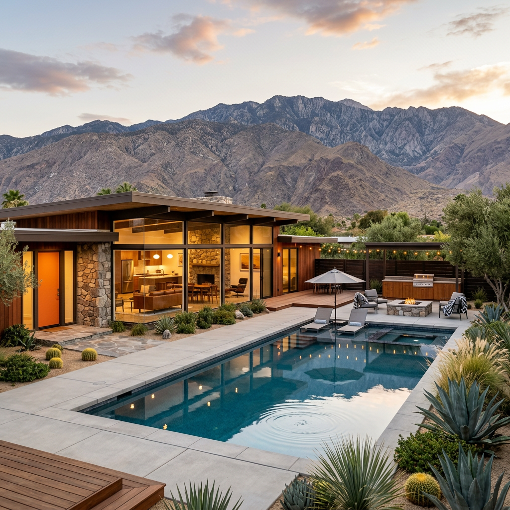 Modern single-story house with large windows, swimming pool, and mountain scenery