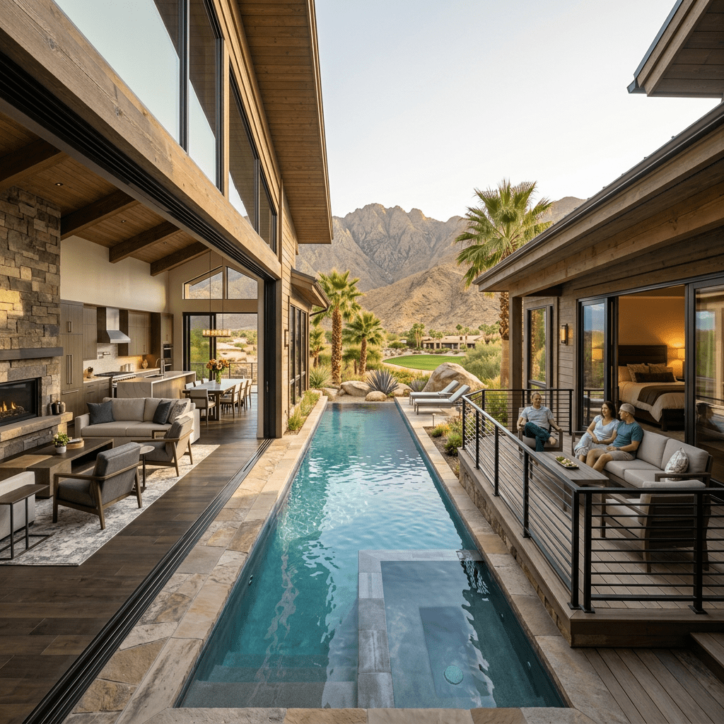 Outdoor pool between modern desert homes with people sitting on a patio and mountain backdrop